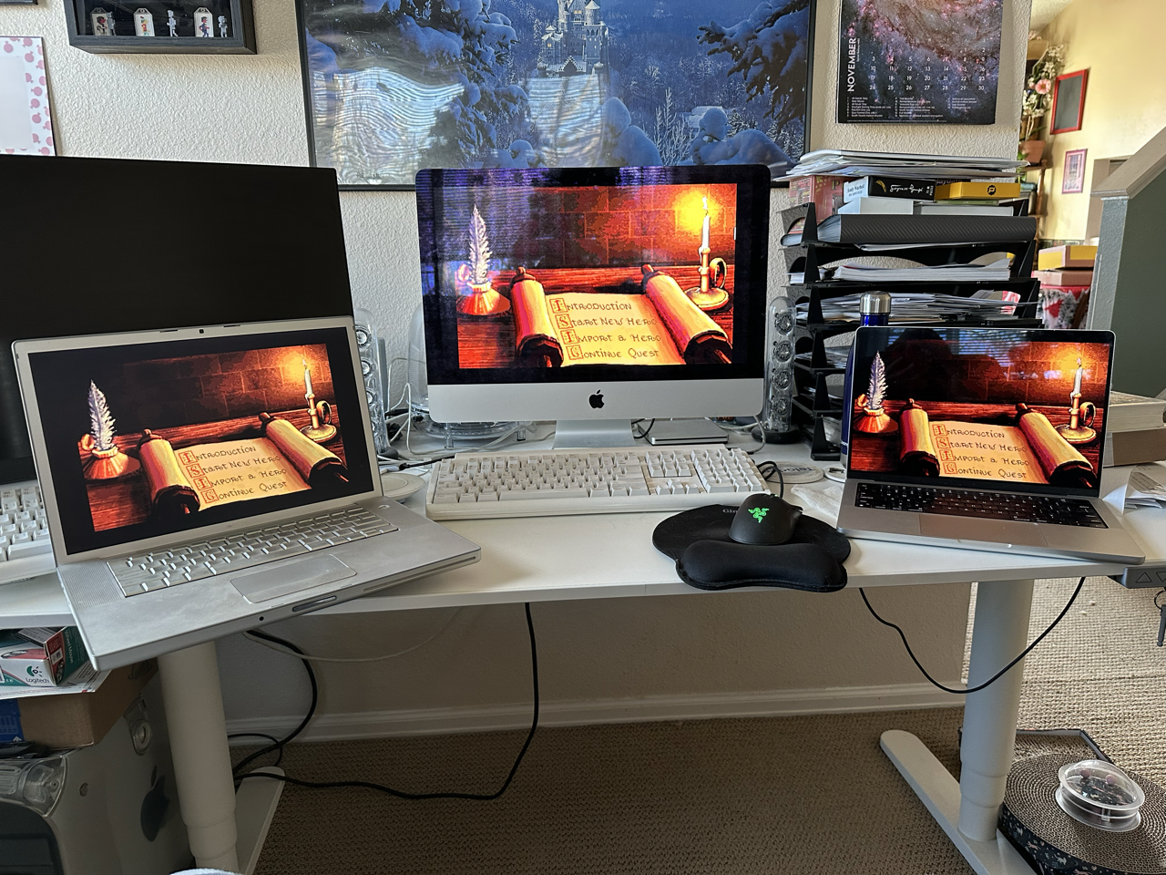 Three Macs ranging from a 2007 MacBook Pro to a 2021 MacBook Pro running the VGA version of Quest for Glory 2