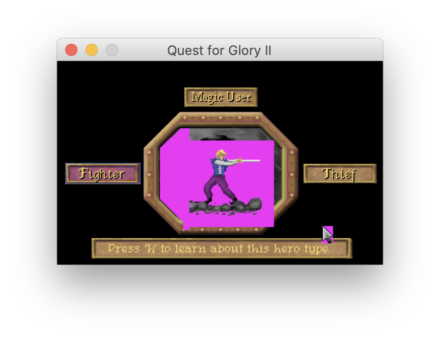 Character selection screen from Quest for Glory II with odd magenta artifacts