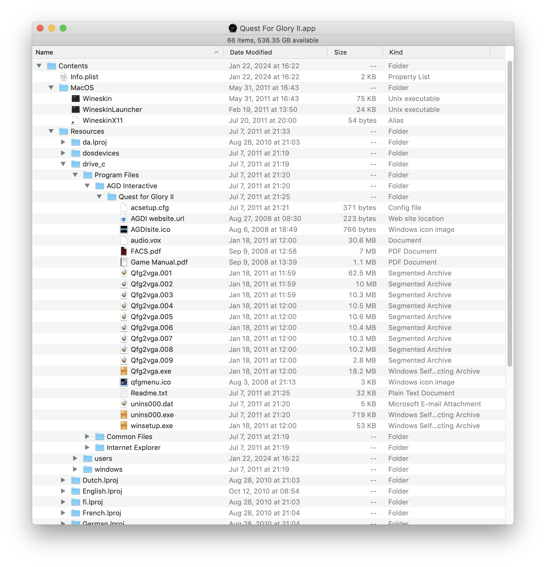 File structure of the Wineskin port of Quest for Glory II